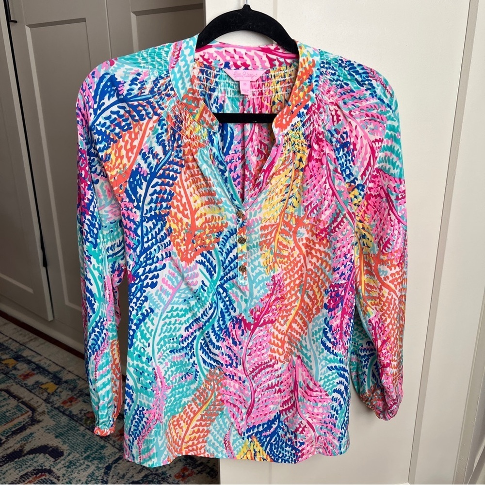 Lilly Pulitzer Elsa 100% Silk Blouse In Electric Feel Print Size XS